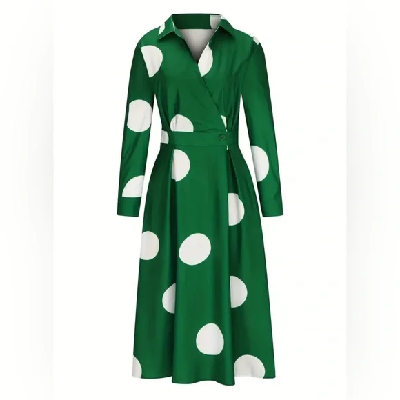 🔵”NWT” CURVY Green & White Polka Dot Faux Wrap Dress - Picture 2 of 7
